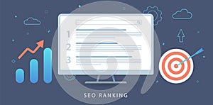 SEO Ranking, Search Engine Results Pages SERPs concept. Marketing Analysis Tool, Keyword research search ranking audit report