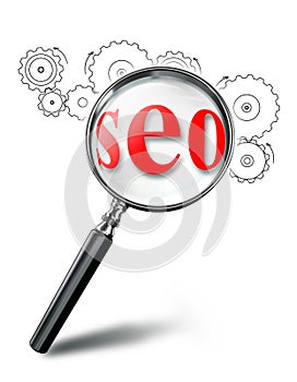 Seo red word concept with cog wheels and magnifying glass