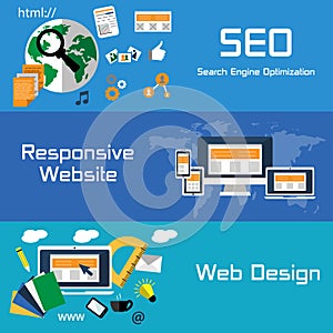 SEO, responsive website and web design flat banners