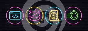 Seo script, Medical tablet and Search minimal line icons. For web application, printing. Neon laser 3d lights. Vector