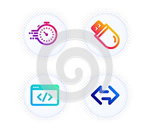 Seo script, Timer and Usb stick icons set. Sync sign. Programming, Deadline management, Memory flash. Vector