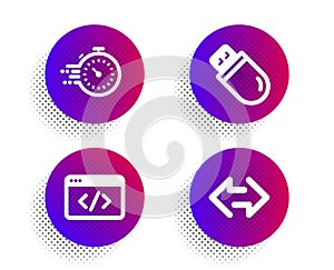 Seo script, Timer and Usb stick icons set. Sync sign. Programming, Deadline management, Memory flash. Vector