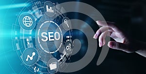 SEO - Search engine optimisation, Digital Internet marketing concept on virtual screen.