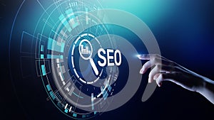 SEO - Search engine optimisation, Digital Internet marketing concept on virtual screen.