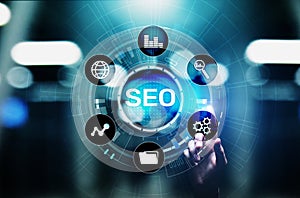 SEO - Search engine optimisation, Digital Internet marketing concept on virtual screen.