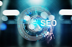 SEO - Search engine optimisation, Digital Internet marketing concept on virtual screen.