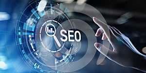 SEO - Search engine optimisation, Digital Internet marketing concept on virtual screen.