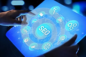 SEO - Search engine optimisation, Digital Internet marketing concept on virtual screen.