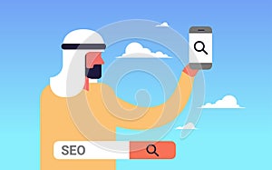 Seo search engine optimization arabic man using smartphone internet searching concept process flat horizontal