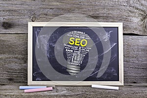 SEO (search engine optimization) bulb word cloud. Chalk board on