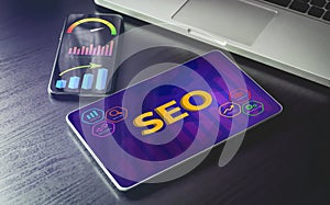 SEO, Search Engine Optimization concept. Digital Business Internet Marketing. Search engine result page speed ranking optimization