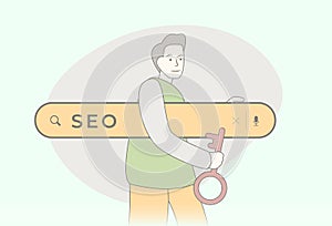 SEO - Search Engine Optimization concept. Improve quality and quantity traffic to website from search engines. Hand