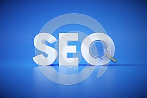 SEO search engine optimization concept logo with magnifying on blue background. marketing strategy, online social media search