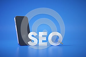 SEO search engine optimization concept logo with magnifying and smartphone on blue background. marketing strategy, online social