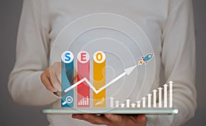 SEO Search Engine Optimization, concept for promoting  ranking traffic on website,  optimizing your website to rank in search