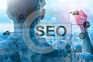 SEO - Search engine optimization, Digital marketing and internet technology concept on blurred background