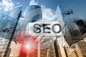 SEO - Search engine optimization, Digital marketing and internet technology concept on blurred background