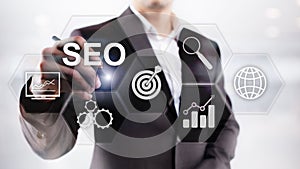 SEO - Search engine optimization, Digital marketing and internet technology concept on blurred background