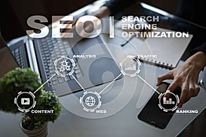 SEO. Search Engine optimization. Digital online marketing andInetrmet technology concept.