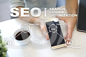 SEO. Search Engine optimization. Digital online marketing andInetrmet technology concept.