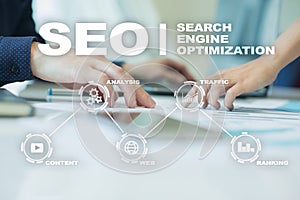 SEO. Search Engine optimization. Digital online marketing andInetrmet technology concept.