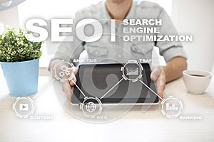 SEO. Search Engine optimization. Digital online marketing andInetrmet technology concept.