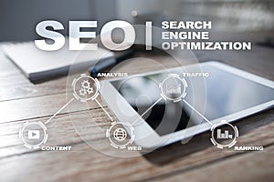 SEO. Search Engine optimization. Digital online marketing andInetrmet technology concept.