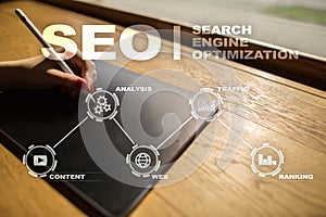 SEO. Search Engine optimization. Digital online marketing and Internet technology concept.