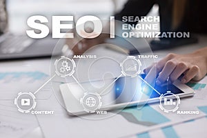 SEO. Search Engine optimization. Digital online marketing and Internet technology concept.