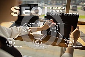 SEO. Search Engine optimization. Digital online marketing technology concept
