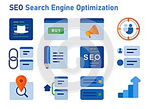 SEO search engine optimization icon set of white hat buy icon user target link building backlink local sitemap and photo