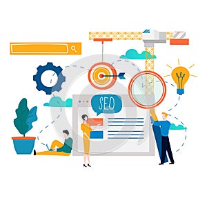SEO, search engine optimization, keyword research, market research flat vector illustration. SEO concept. Web site coding, interne