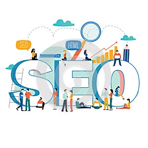 SEO, search engine optimization, keyword research, market research flat vector illustration. SEO word with group of people. Web si