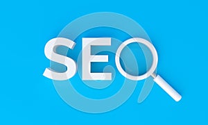 SEO search engine optimization with magnifying glass on blue background