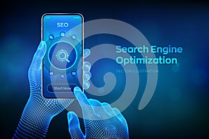 SEO. Search Engine Optimization. Marketing Ranking Traffic Website Internet Business Technology Concept. Closeup smartphone in