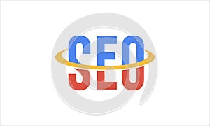 SEO search engine optimization minimal flat logo with magnifying glass, arrow and cursor symbol. multi color design