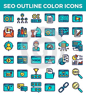 SEO Search engine optimization outline color icons. Vector illustration