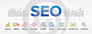 SEO - Search Engine Optimization process vector icons set infographics background