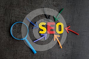 SEO, Search Engine Optimization ranking concept, magnifying glass with arrows pointing to alphabets abbreviation