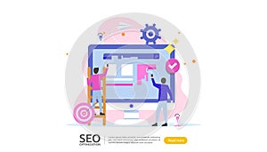 SEO Search engine optimization result concept. website ranking, advertising, strategy idea people character. web landing template