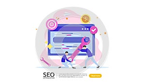 SEO Search engine optimization result concept. website ranking, advertising, strategy idea people character. web landing template