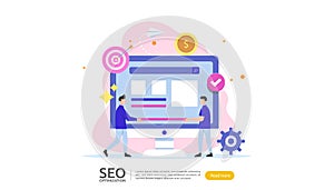 SEO Search engine optimization result concept. website ranking, advertising, strategy idea people character. web landing template