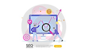 SEO Search engine optimization result concept. website ranking, advertising, strategy idea people character. web landing template