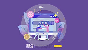 SEO Search engine optimization result concept. website ranking, advertising, strategy idea people character. web landing template