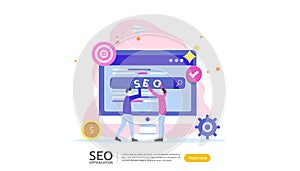 SEO Search engine optimization result concept. website ranking, advertising, strategy idea people character. web landing template