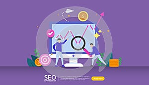 SEO Search engine optimization result concept. website ranking, advertising, strategy idea people character. web landing template