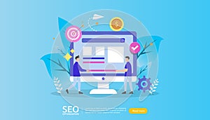 SEO Search engine optimization result concept. website ranking, advertising, strategy idea people character. web landing template