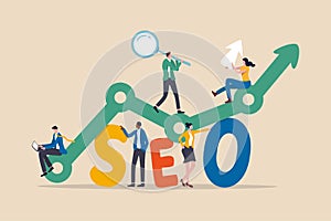 SEO, Search Engine Optimization for website to show in search result page concept, professional people holding magnifying glass,