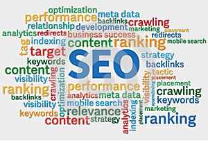 SEO search engine optimization tag cloud against white background