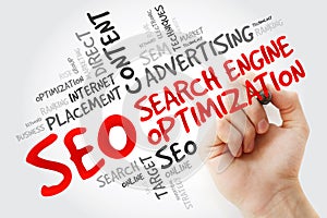 SEO Search Engine Optimization word cloud collage, technology concept background